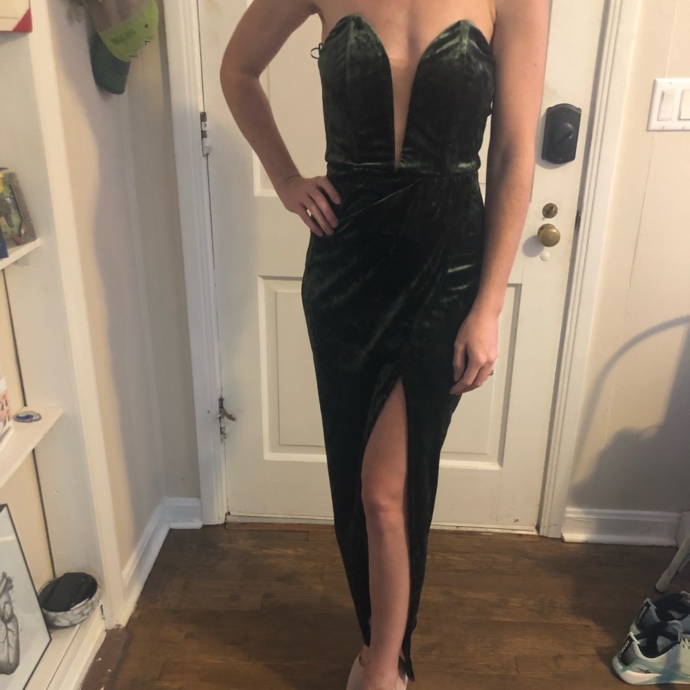 Forest green velvet dress deep plunge, wrap, slit